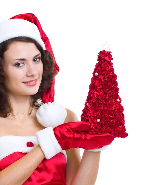 Schöne junge Frau in Weihnachtsmannkleidung auf weißem Hintergrund. — Stockfoto