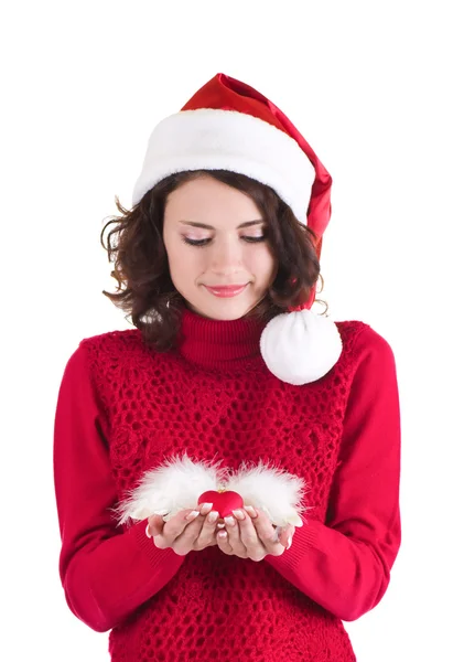 Belle jeune femme dans les vêtements du Père Noël sur fond blanc . Images De Stock Libres De Droits