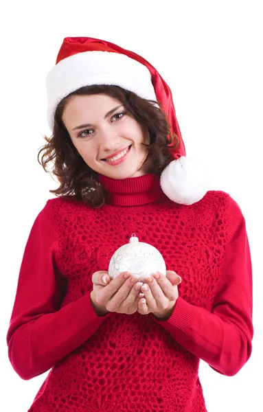 Belle jeune femme dans les vêtements du Père Noël sur fond blanc . Image En Vente