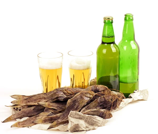 Beer and fish.isolated on a white background — Stock Photo, Image