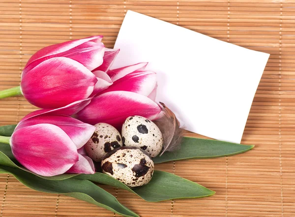 부활절 달걀과 배너와 함께 봄 꽃 — 스톡 사진