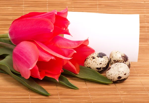 Huevos de Pascua con tulipanes de ramo rosa y tarjeta — Stockfoto