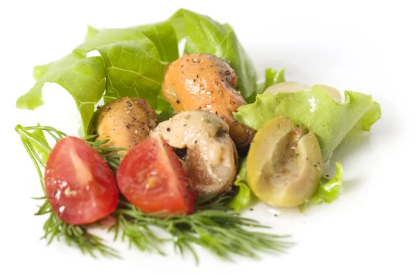 Heerlijke mosselen en garnaal voedsel met salade en olijven — Stockfoto