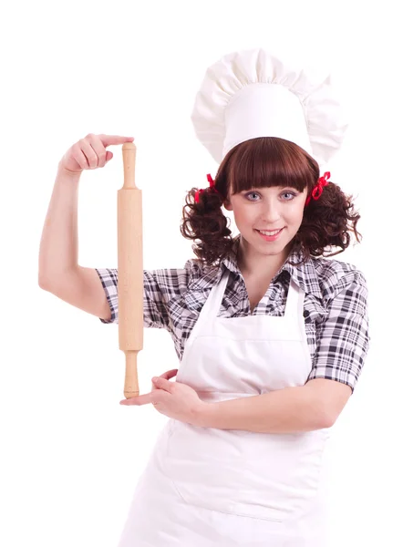 Sourire femme cuisinière heureuse tient un ustensile de cuisine en bois — Photo