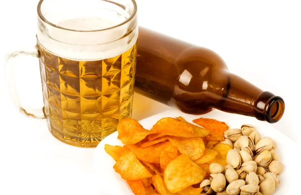 Beer and snacks isolated on white — Stock Photo, Image