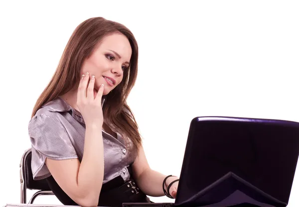 Young Businesswoman with notebook on chair isolated on a white background — Stock Photo, Image