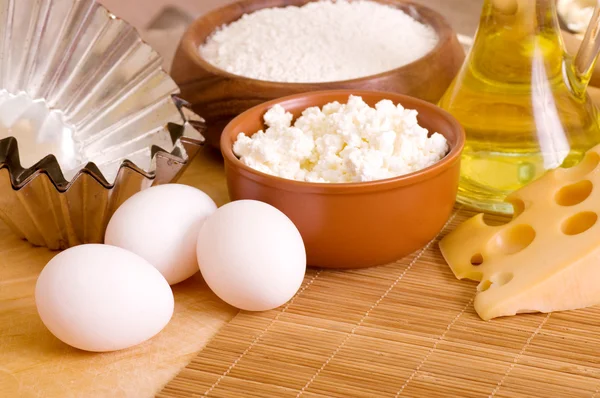 Ingredients for the dough wooden table — Stock Photo, Image