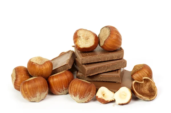 Hazelnuts and chocolate — Stock Photo, Image