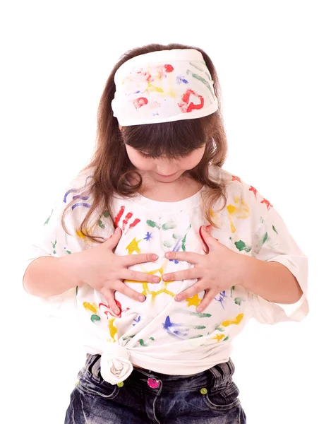 Menina bonito com as mãos pintadas de cor no fundo branco — Fotografia de Stock