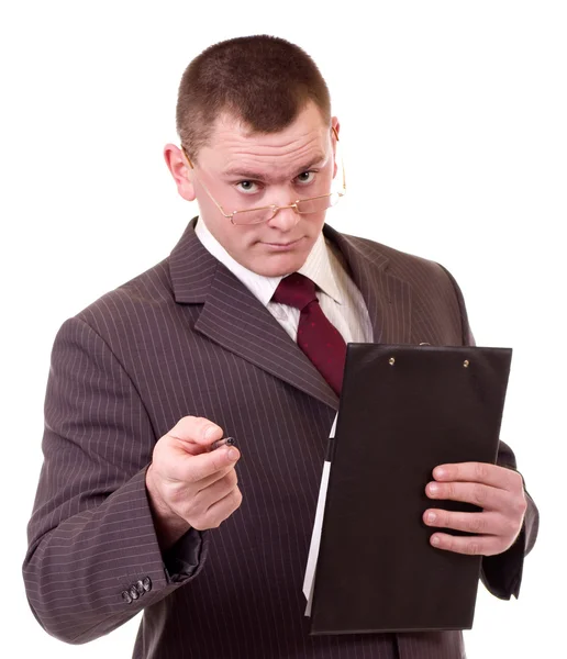 Young businessman in suit with clipboard — Stock Photo, Image