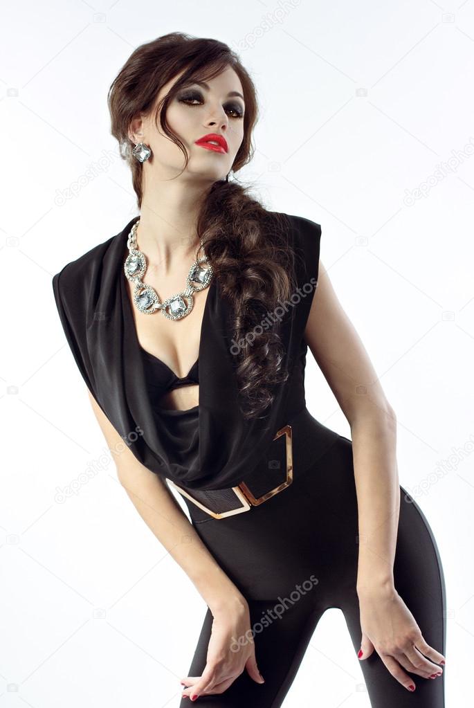 Beautiful woman portrait in dark outfit