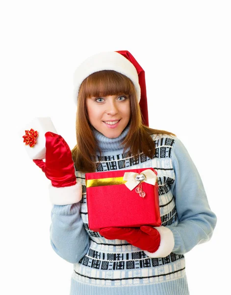 Schöne junge Mädchen in Weihnachtsmann-Klamotten — Stockfoto