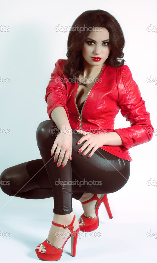 Woman portrait in red leather jacket