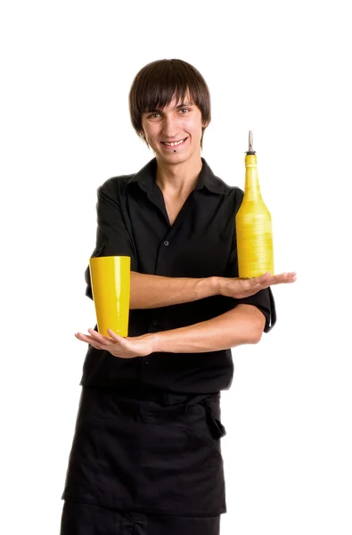 Barman com uma coqueteleira e garrafa — Fotografia de Stock