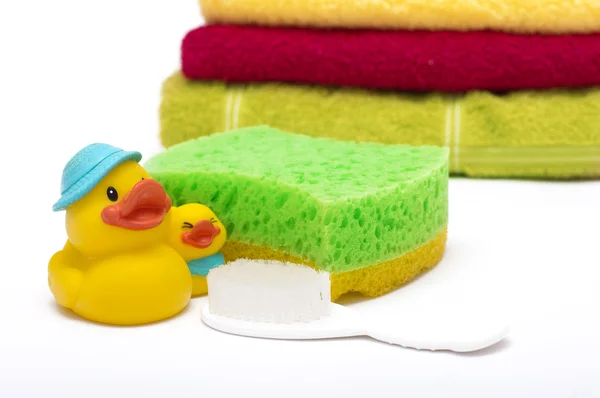 Canard en caoutchouc avec serviette de bain — Photo