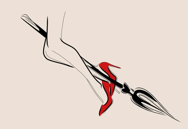 用扫帚描绘纤细的女巫腿之间的光晕图 女装模特标志设计模板 — 图库矢量图片