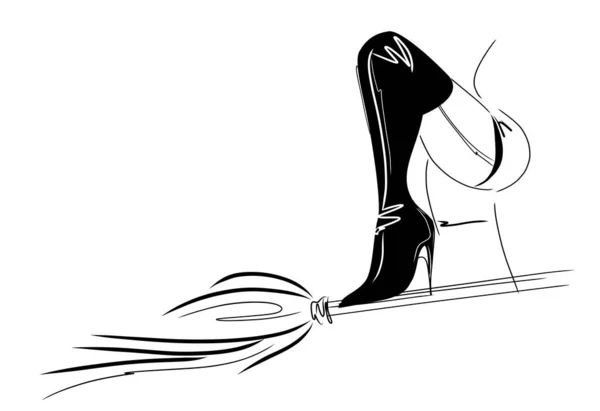 Vector Illustration Halloween Slender Witch Legs Broom Woman Fashion Model — Stock Vector