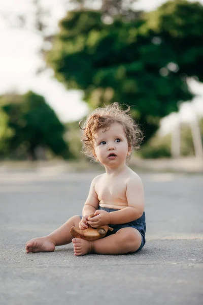 Closeup Portrait Little Baby Boy Wheat Summer Field Parenthood Concept — Stock Photo, Image
