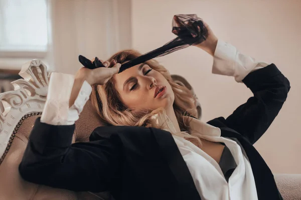 Beautiful Blonde Girl Revealing Clothes Posing Studio Light Background Female — стоковое фото