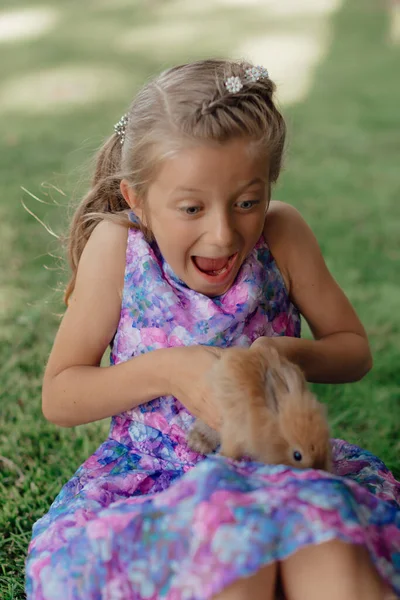 Little Girl Sitting Green Grass Rabbit Cute Child Girl Holding —  Fotos de Stock