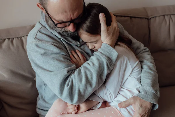 Ukrainian Worried Middle Aged Hoary Man Supporting Little Frightened Grandgirl — Zdjęcie stockowe