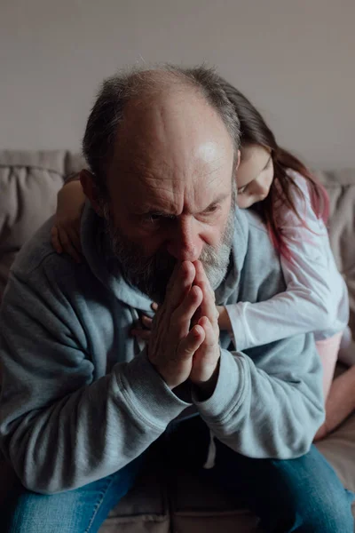 Ukrainian Worried Middle Aged Hoary Man Supporting Little Frightened Grandgirl — Fotografia de Stock