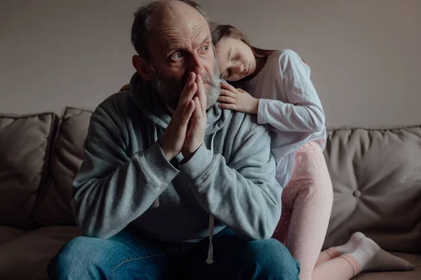 Ukrainian Worried Middle Aged Hoary Man Supporting Little Frightened Grandgirl — Fotografia de Stock