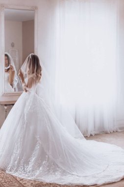 Havalı gelinlik içindeki güzel genç gelinin portresi. Hassas bir kadın portresi. Düğün makyajı. Doğal güzellik..