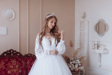 Havalı gelinlik içindeki güzel genç gelinin portresi. Hassas bir kadın portresi. Düğün makyajı. Doğal güzellik..