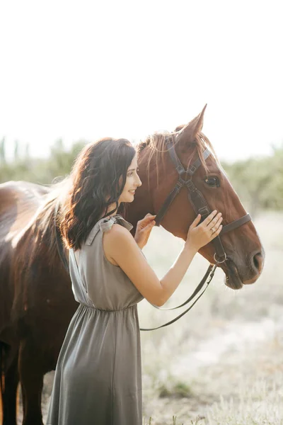 Mujer Con Caballo Precioso Prado Iluminado Por Cálida Luz Tarde — Foto de Stock