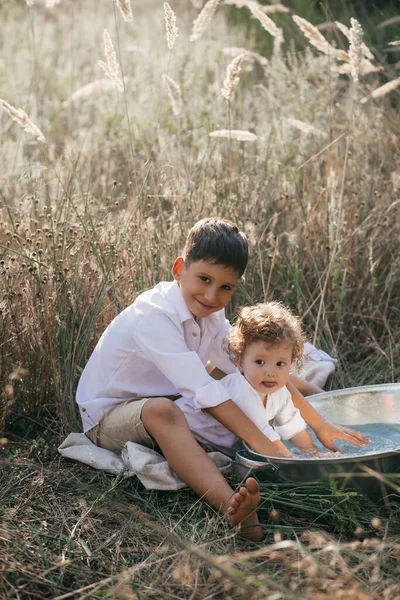 Gelukkige Twee Broers Spelen Met Water Een Bassin Tarweveld Avontuur — Stockfoto