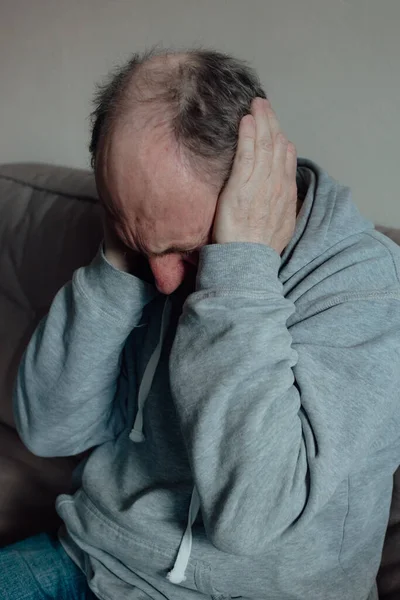 Ukrainian Worried Middle Aged Man Frightened Loud Sound Closed His — Fotografia de Stock