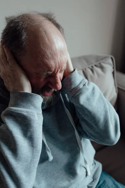 Ukrainian Worried Middle Aged Man Frightened Loud Sound Closed His — Foto Stock