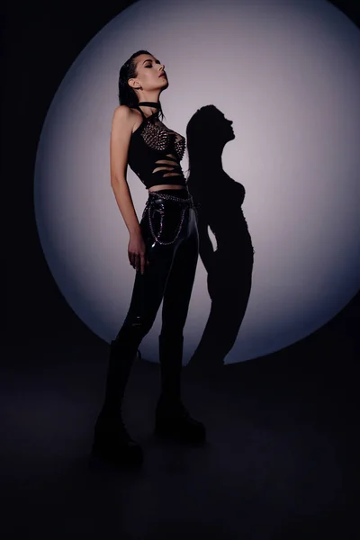 Hot Sexual Woman Latex Suit Dark Background Woman Dominance Concept — Stock Fotó