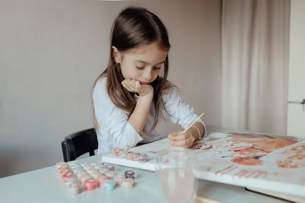 Little Kid Girl Drawing Home Creativity Development Happy Preschooler Girl — стоковое фото