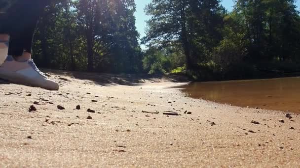 Nogi kobiet w tenisówkach zbliżenie Spacer wzdłuż piaszczystej plaży rzeki — Wideo stockowe