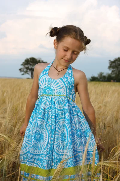 Flicka på ett vete fält — Stockfoto