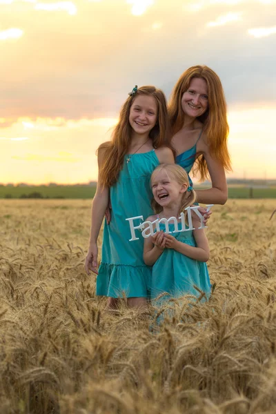 Мать с дочерьми на пшеничном поле — стоковое фото