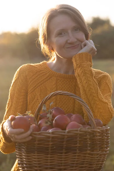 快乐的女孩在花园里拿着装有多汁苹果的篮子 乡村生活的美学 — 图库照片