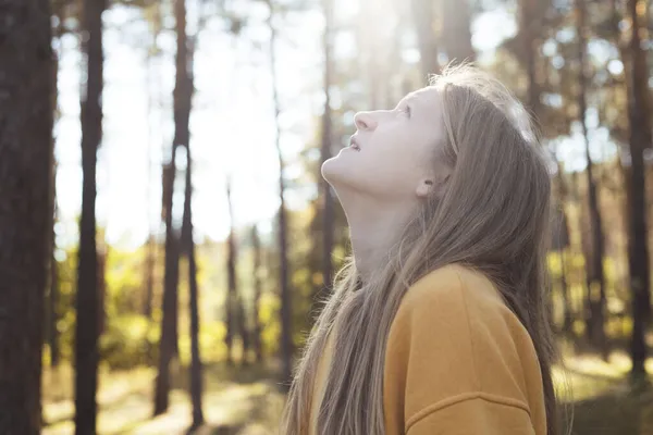 Портрет Красивая Счастливая Девушка Лесу Закате Тим — стоковое фото
