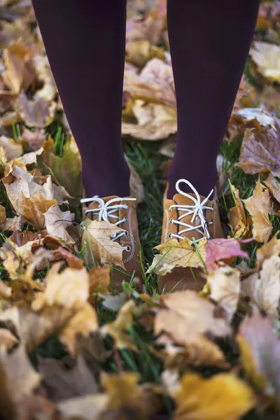 Sonbahar Kız Parkta Yürüyor Sonbahar Foliag Kadın Ayakkabı — Stok fotoğraf