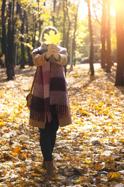 Herbst Lustiges Mädchen Hält Eine Gelbe Lea — Stockfoto