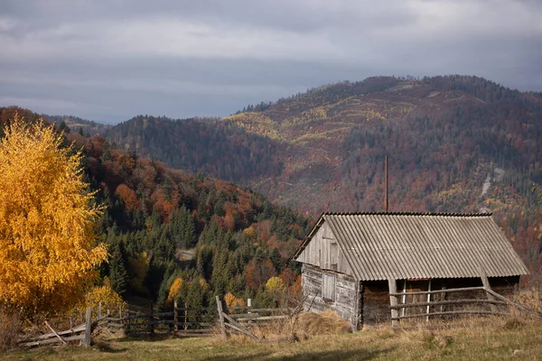 Piękne Góry Krajobraz Ukraiński Stary Drewniany Dom Tle Gór Karpaty — Zdjęcie stockowe