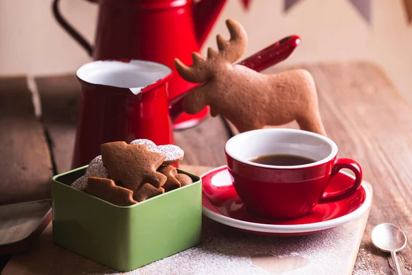 Christmas Still Life Gingerbread Box Background Cup Teapo — Stock Photo, Image