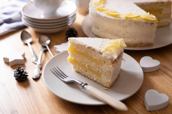 Delicious Lemon Cake Layer Lemon Curd Cheese Cream Still Life — Fotografia de Stock