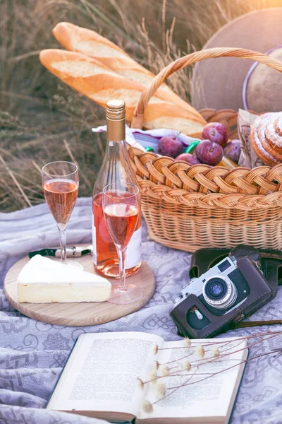 Sommer Provenzalisches Picknick Auf Der Wiese Baguette Wein Gläser Trauben — Stockfoto