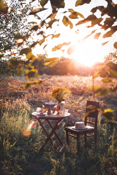 Jardin Nature Morte Thé Dans Jardin Tarte Aux Pêches Vase — Photo