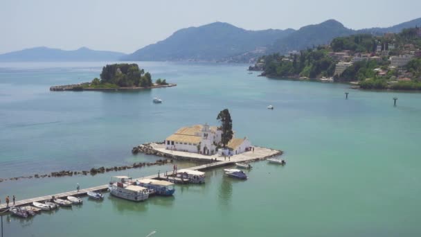 Vista Del Monasterio Vlacherna Kanoni Las Islas Del Ratón Corfú — Vídeo de stock