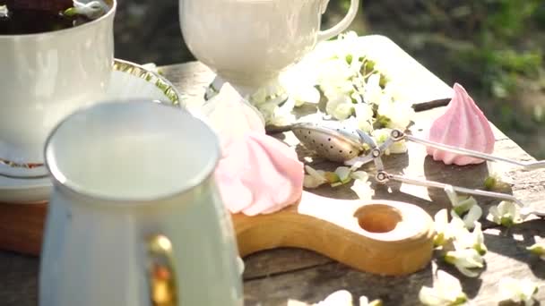 Duas Xícaras Chá Flores Brancas Cereja Iluminadas Pelo Sol Brilhante — Vídeo de Stock