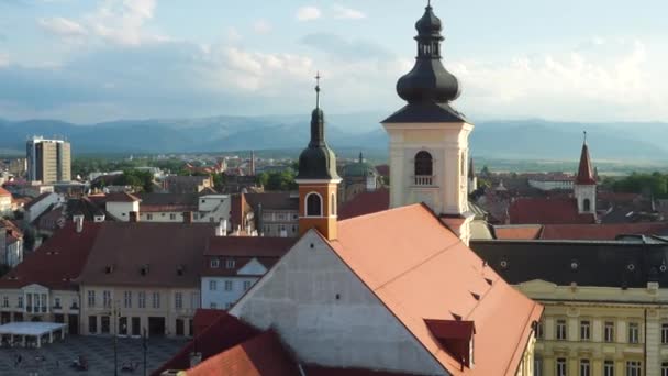 Letecký Pohled Hlavní Náměstí Sibiu Věže — Stock video